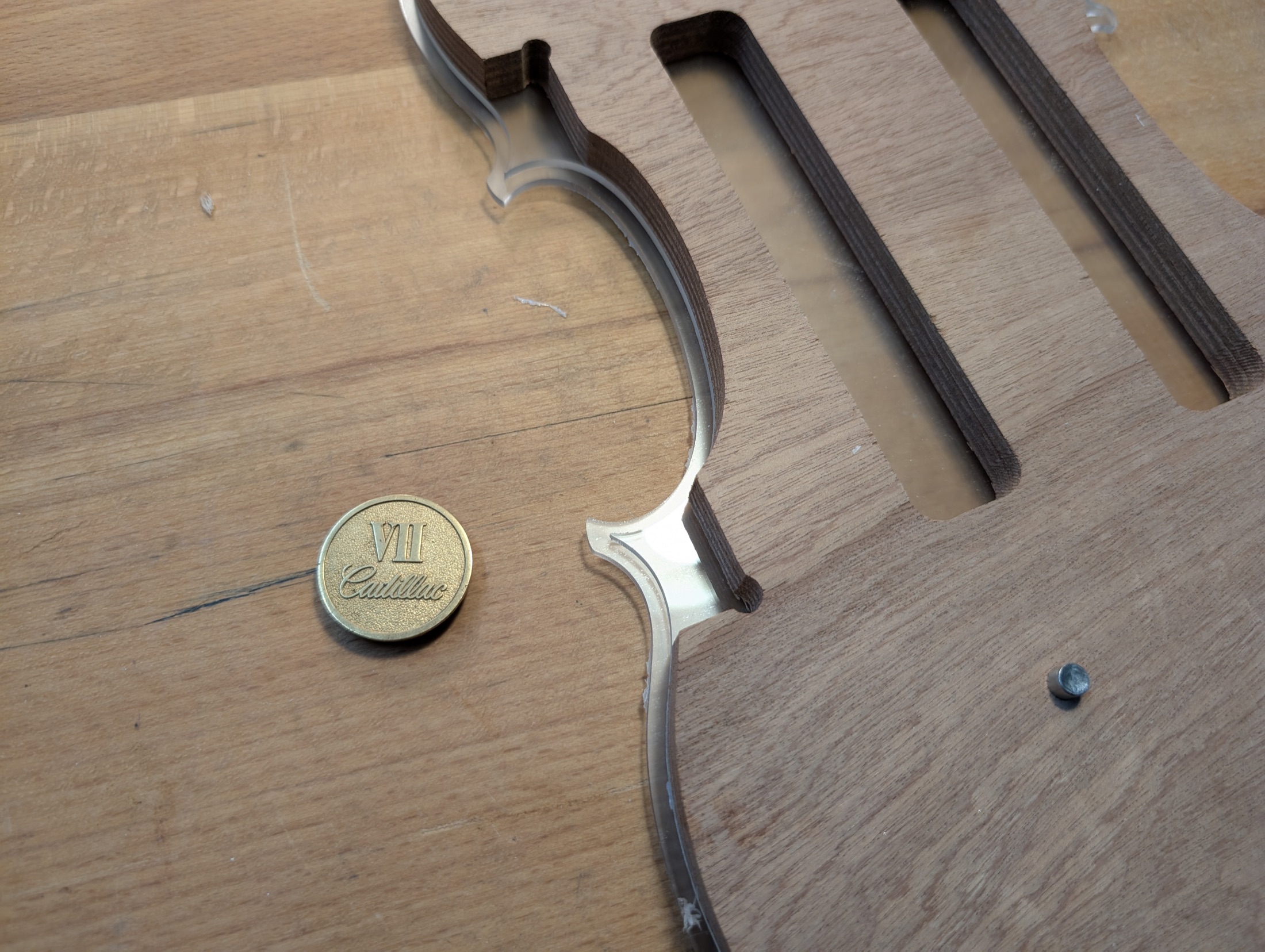 Laminated Baltic birch violin mold with corner block scale