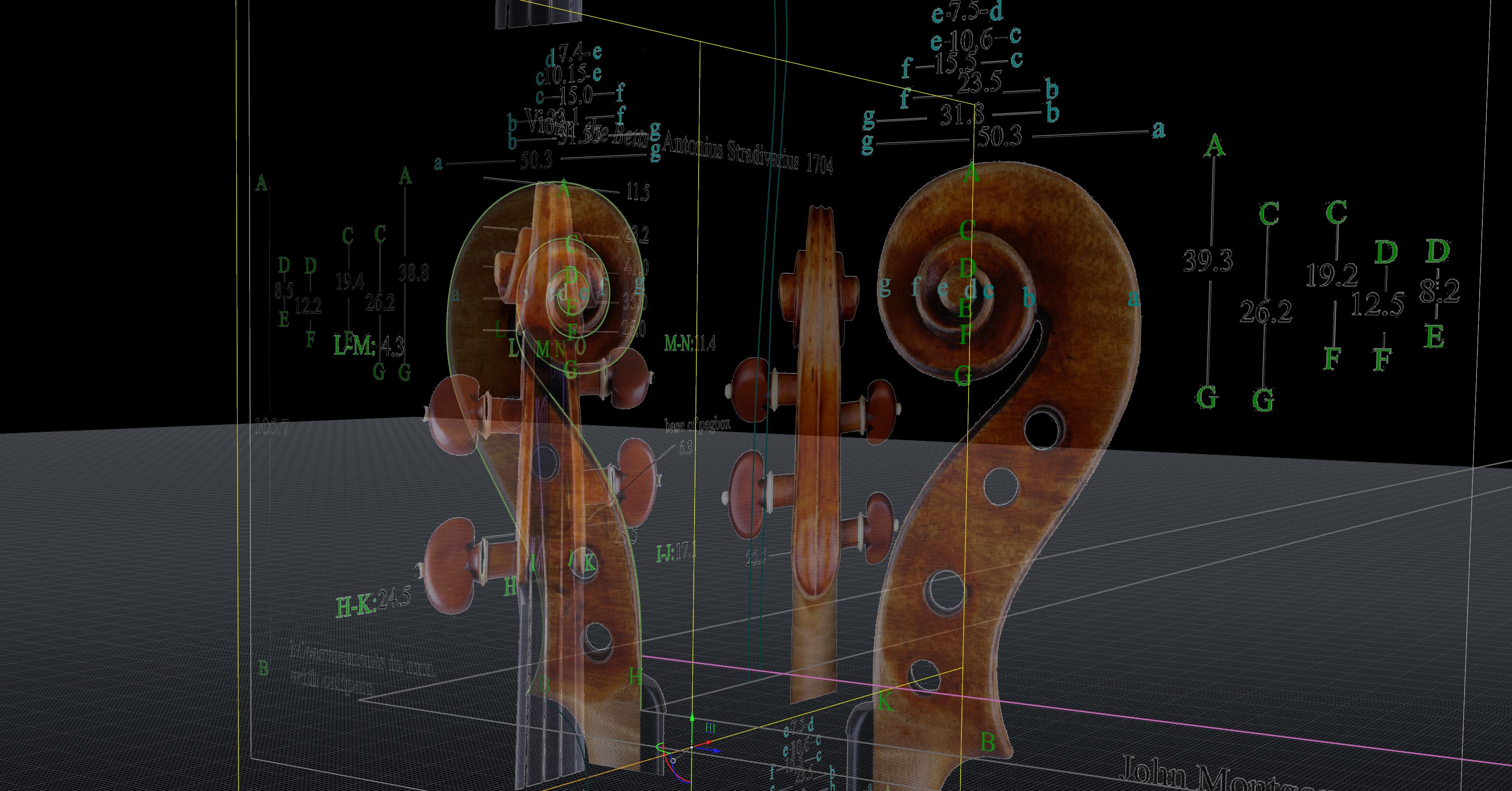 Violin scroll CAD model showing toolpath clearance profiles