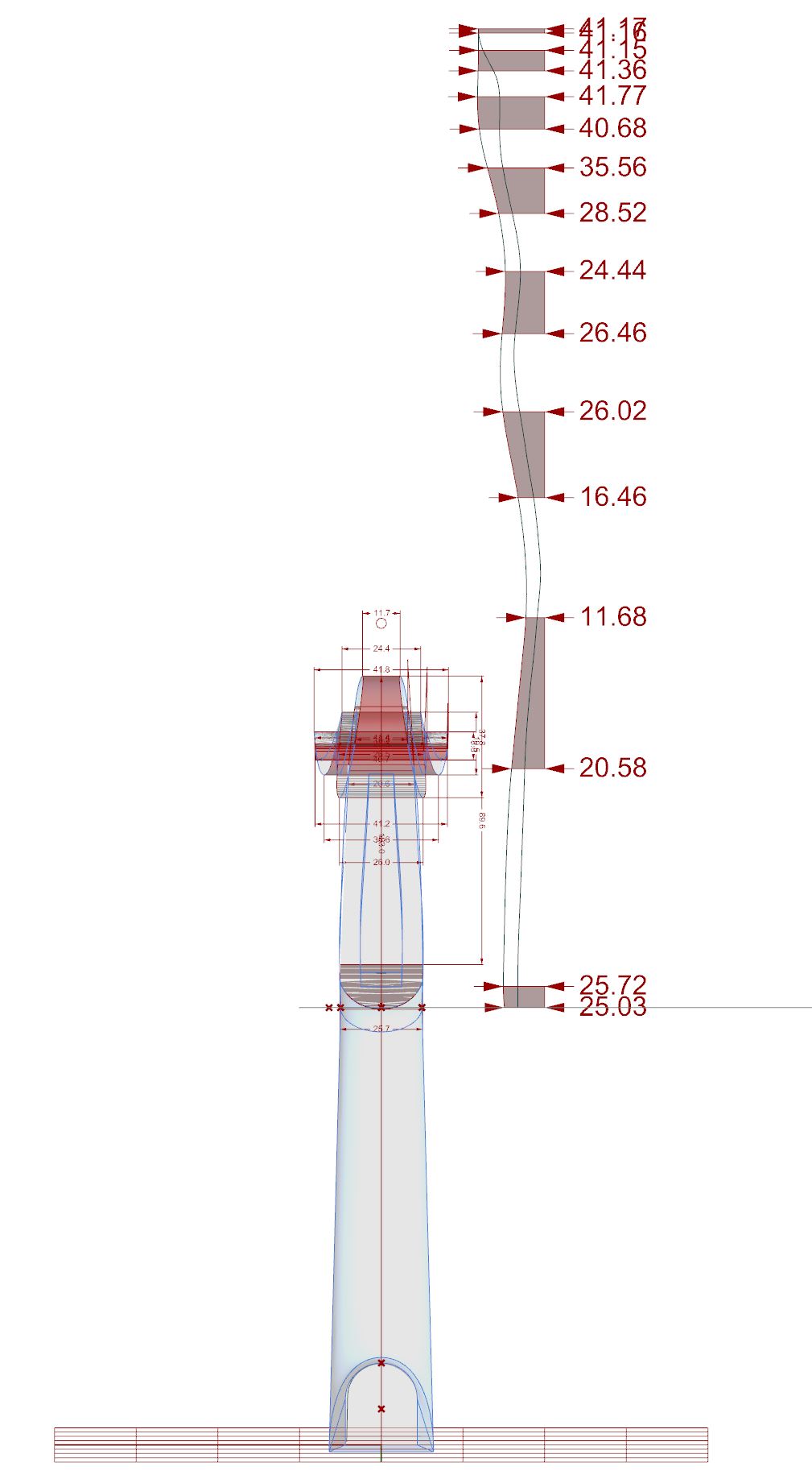 Violin scroll and pegbox CAD model with dimensioned cross-sections